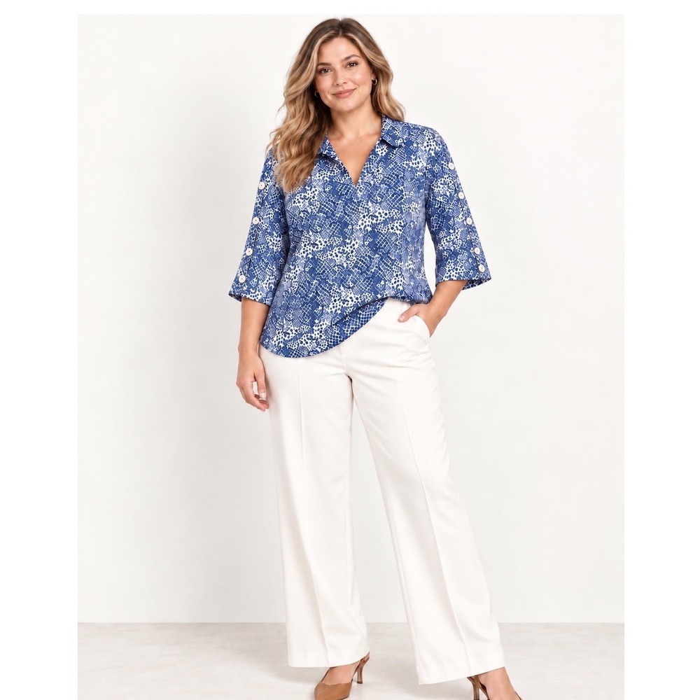 Foxcroft NYC Klara Python Print Top 14 Soft Indigo Wrinkle Free Cotton Blouse